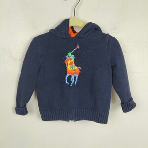 Polo Ralph Lauren Zip Up Hoodie Baby Boy Size 12M Colorful Pony‎ Navy Blue Knit